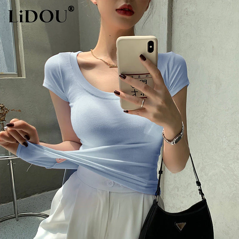 

2023 Summer New Round Neck Short Sleeve Fashion Sweet Slim Sexy Solid Color T-Shirts Women Cotton Korean Style All-match Tees