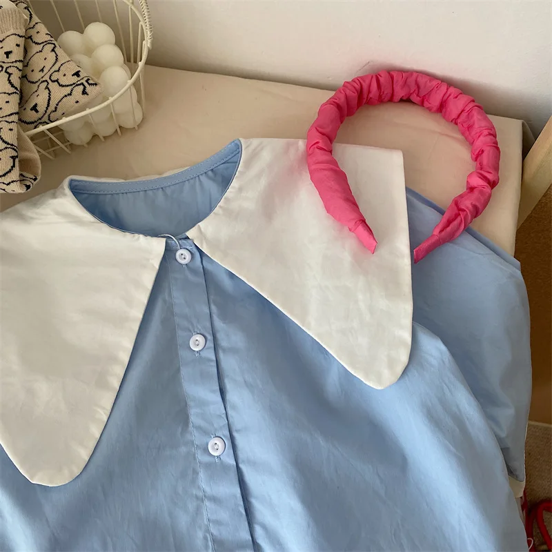 Shirt Top Cute Sweet Spring Autumn Korean Girl Contrast Color Lapel College Long Sleeve Leisure Active
