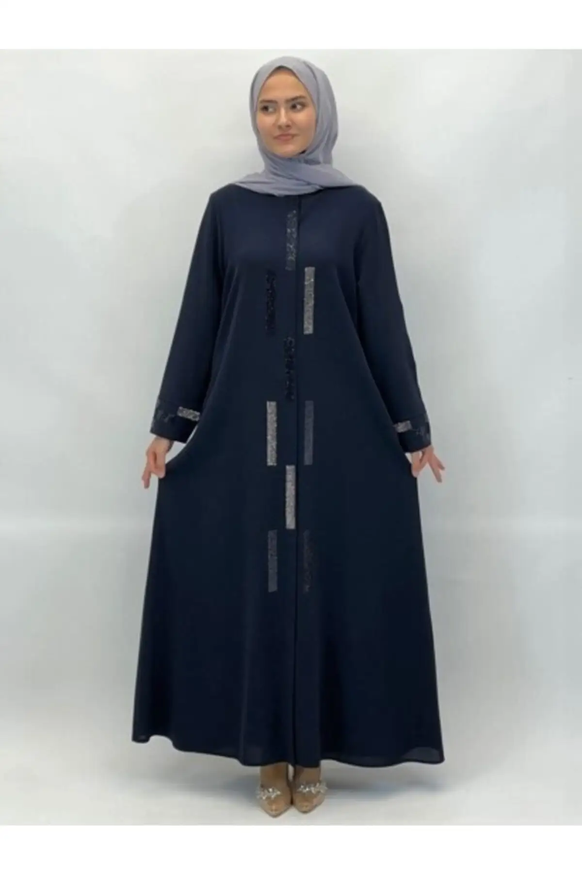 

Stone Stripe Dress Large Size Woven Denim Navy Blue Round Neckline Thin Crepe Design Cap & Ferace Hijab Clothing