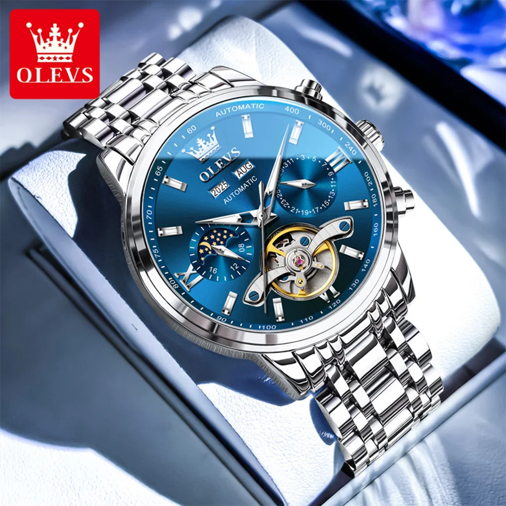 OLEVS 6740 New Automatic Watches For Man Exclusive Mechanical Skeleton Flywheel Men's Watches Moon Phase Calendar Wristwatch Man