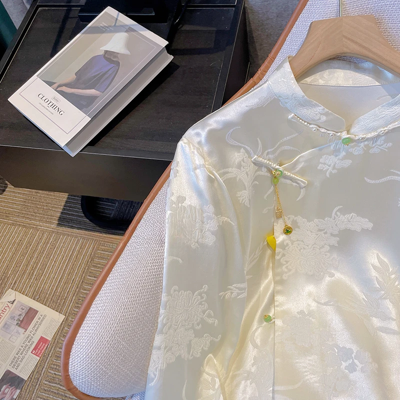 Satin Women's Shirt Chinese style Vintage Blouses Spring/Summer Clothing Loose fashion Long sleeves Floral Silk tops