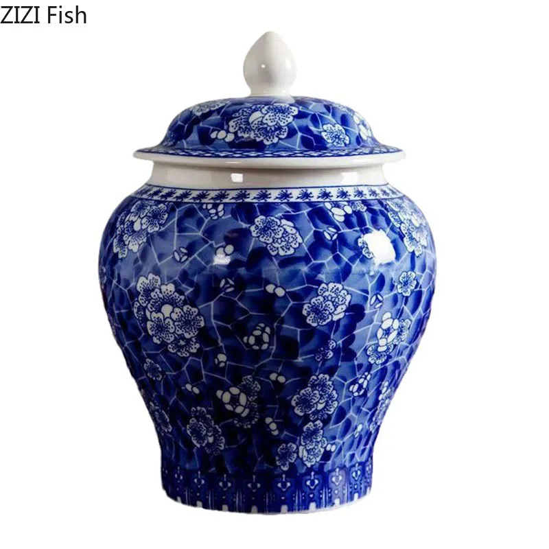 Blue and White Porcelain General Jar Tea Canister Sealed Ceramic Storage Jar with Lid Desk Decoration Candy Pots Tea Caddy tea canister