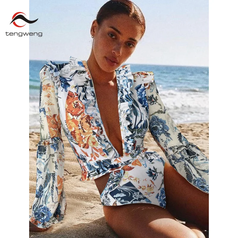 

Tengweng 2023 Vintage Long Sleeve One Piece Swimsuit Print Floral Cut Out Swimwear Women Beachwear Monokini Surfing Bathing Suit