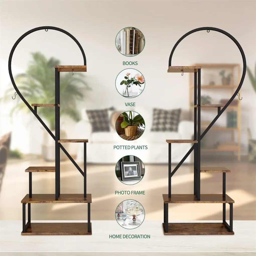 6 Tier Heart Shaped Plant Stand, Wood & Metal Flower Rack for Plants Display, Storage Shelf for Garden, Balcony, Living Room — view 4