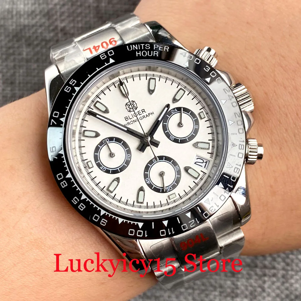 

BLIGER 39MM VK63 Quartz Chronograph Multi-Function Men's Watch White Dial Ceramic Bezel Stainless Steel Deployant Clasp