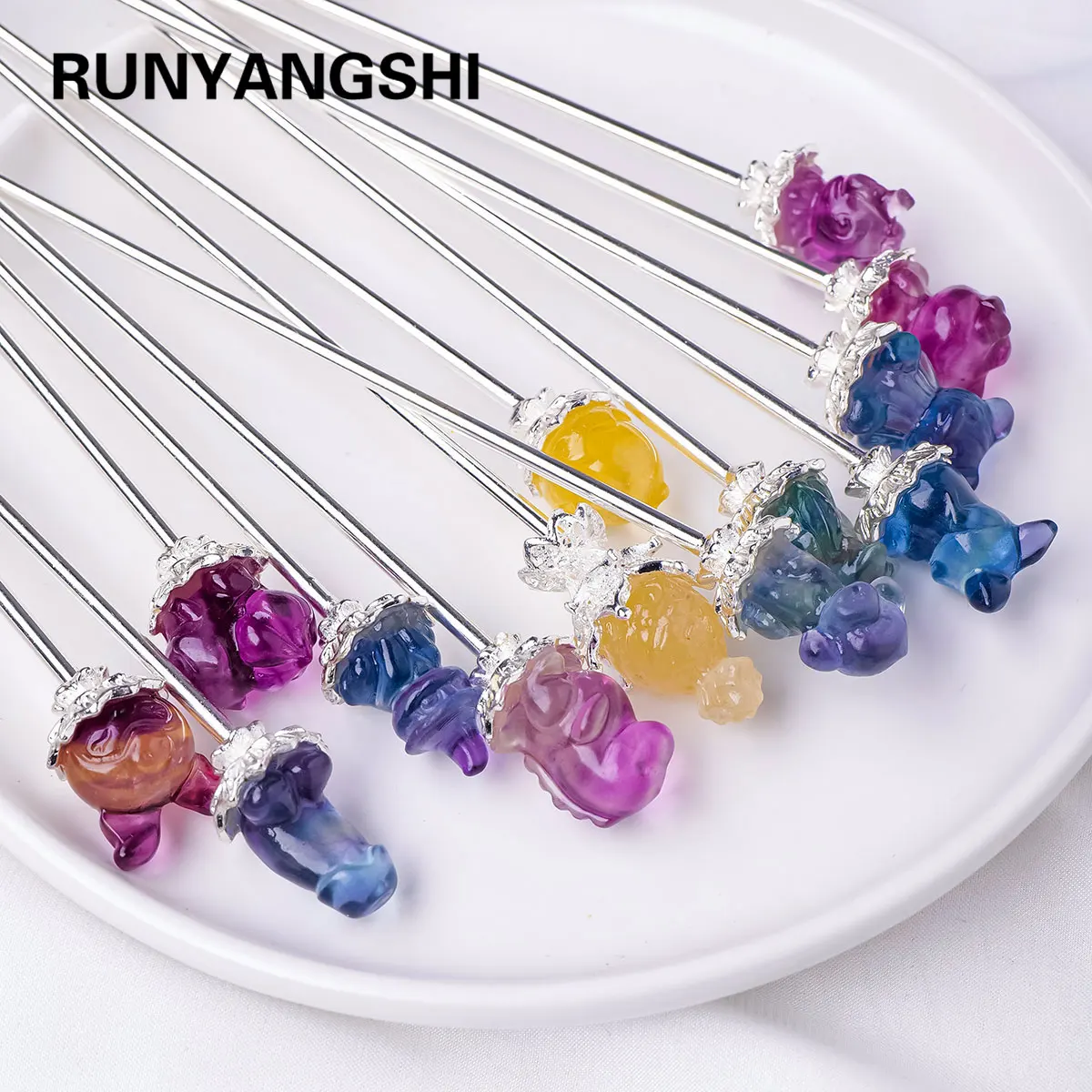 1pc Natural Gemstone Colorful Fluorite Cartoon Animal Sculptures Hairpin Crystal Barrettes Headwear Hair Accessories