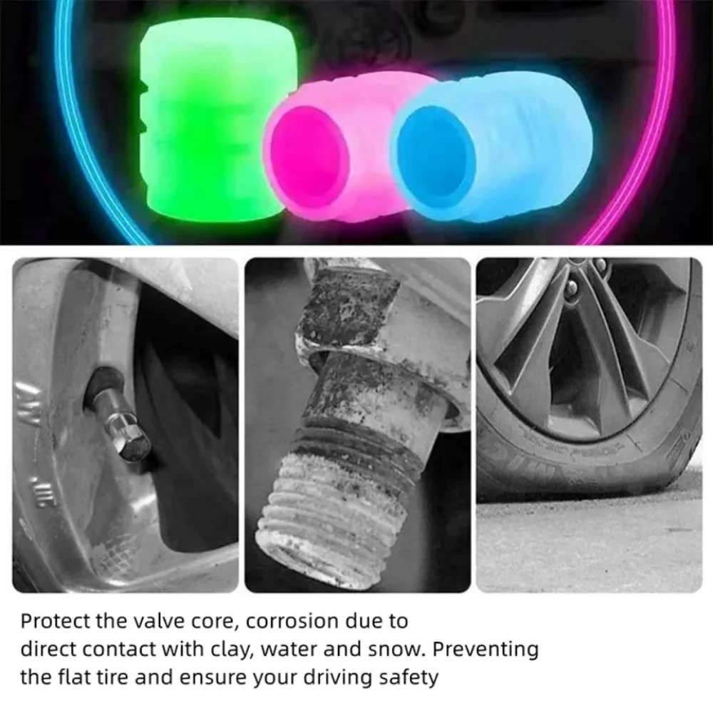 4/20PCS Luminous Tire Valve Caps Motorcycle Bike Wheel Nozzle Dustproof Tyre Valve Stem Fluorescent Night Glowing Car Decor 6