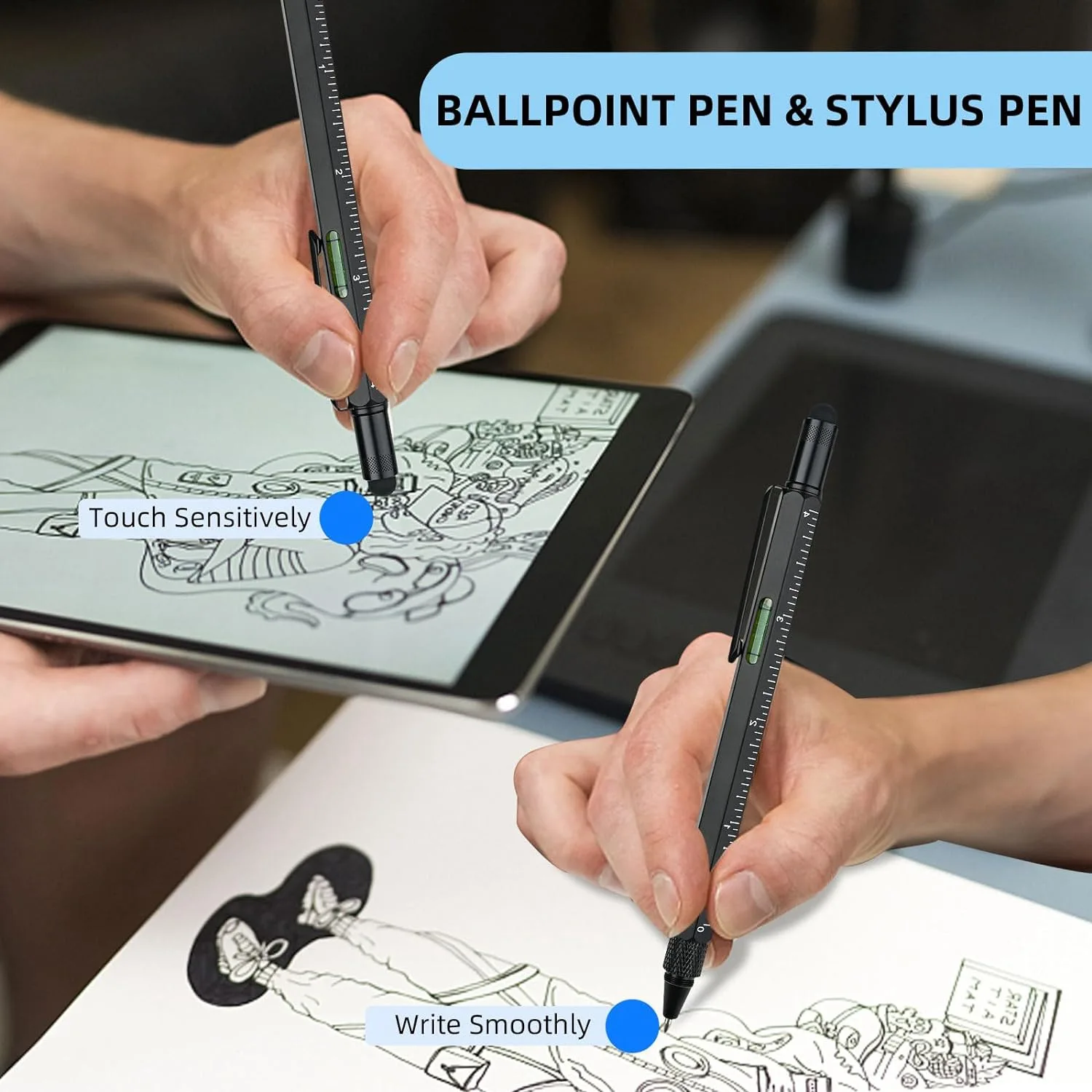 AED6-멀티툴 펜 멋진 가제트, 스타일러스가 포함된 참신한 펜, 레벨, 눈금자, 드라이버, 아빠 남편을 위한 생일 선물