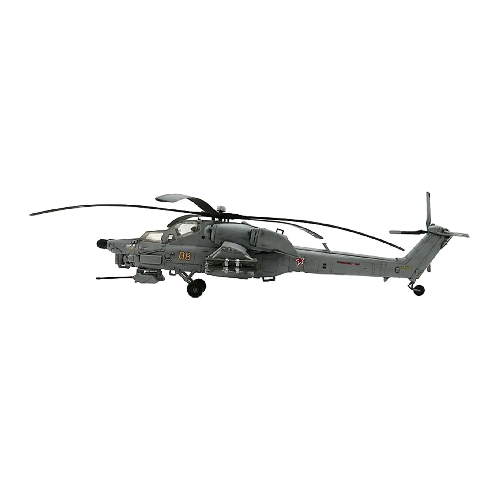 Maquette Hélicoptère Mi-28 Havoc 1/72 en vol, avec rotor principal et armement visibles.