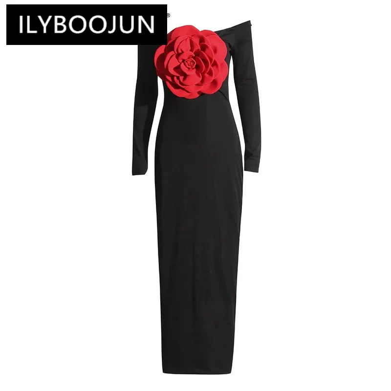 

ILYBOOJUN Colorblock Patchwork Appliques Slimming Dresses For Women Slash Neck Long Sleeve High Waist Split Dress Female 2023