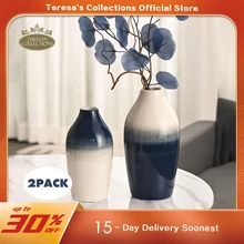 TERESA'S COLLECTIONS 2Pcs Ceramic Vases Blue White Chinese Vase Watercolor Glazed Decorative Flower Pot Home Desktop Decor