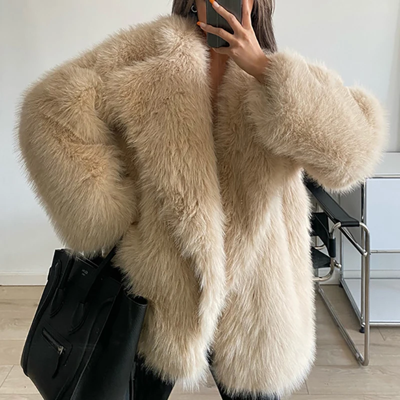 Autumn Winter New Turn-down Collar Imitation Fur Coat Female Korean Version Solid Loose Mid-length Jacket Warm Fashion Cardigans