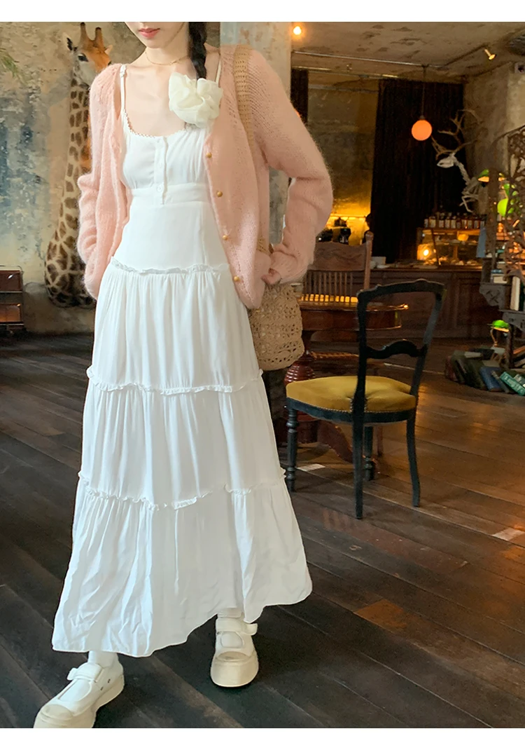 French Elegant Dresses for Women Solid Spaghetti Strap Summer New Ruffles A-line Casual Korean Chic Midi Vestidos Mujer