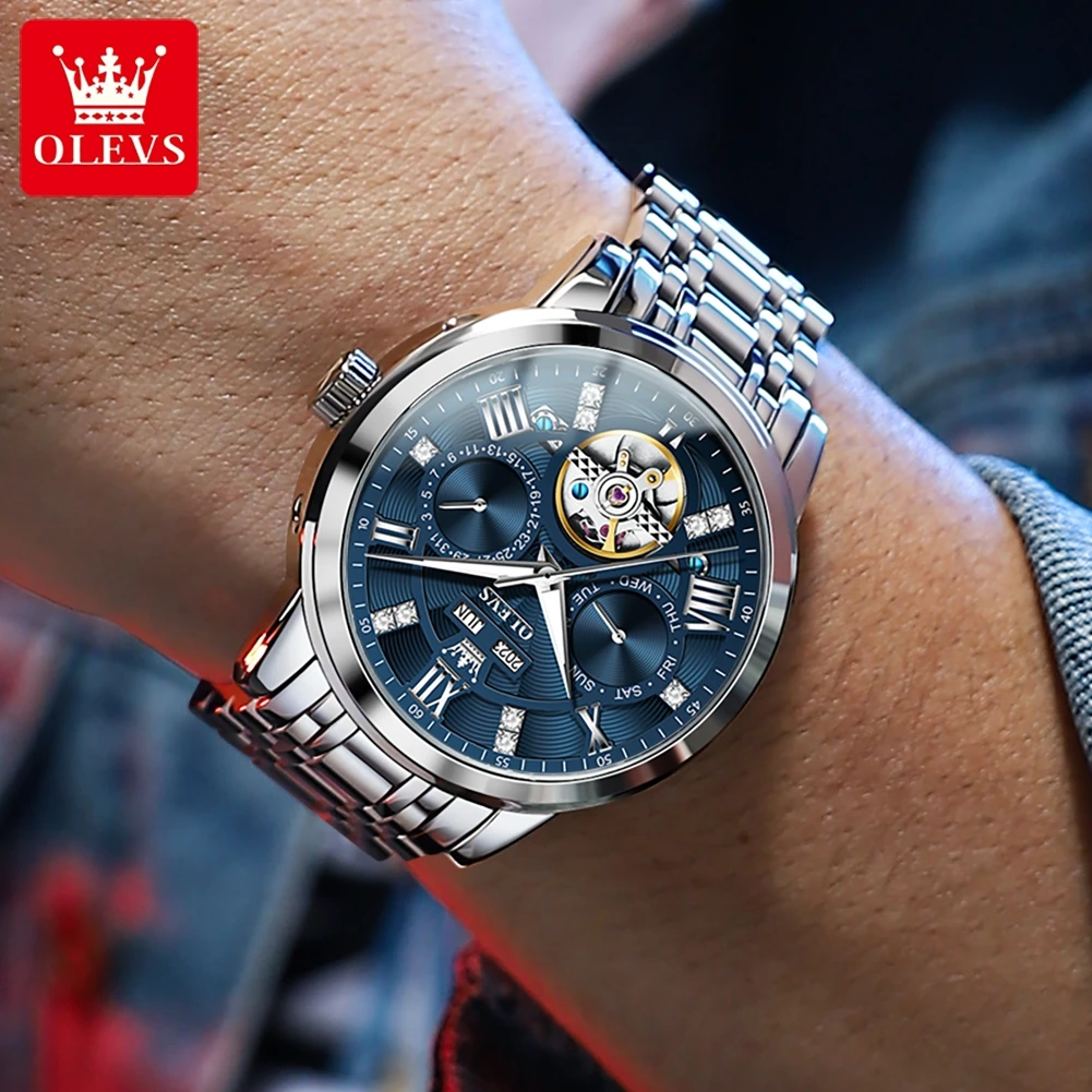 OLEVS Original New In Men's Automatic Mechancial Watches Luxury Skeleton Multi-functional Classic Waterproof Wristwatch for Men