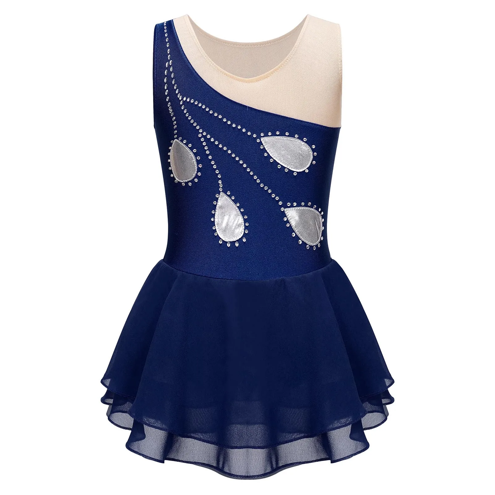 

6-16Y Girls Ballet Figure Skating Dance Dress Gymnastics Performance Costume Sleeveless Shiny Sheer Mesh Leotard Tutu Dancewear