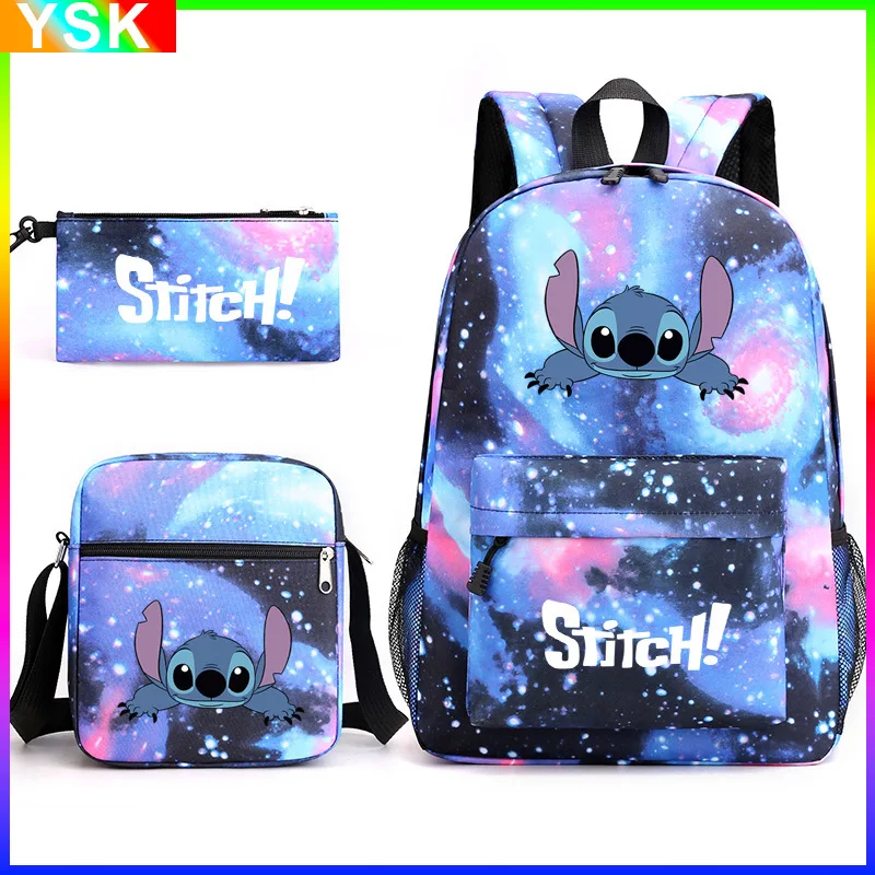 

3PC-SET MINISO New Cartoon Stitch Backpack Shoulder Bag Bag Black Student Animation Peripherals Cartoon School Bag Mochila