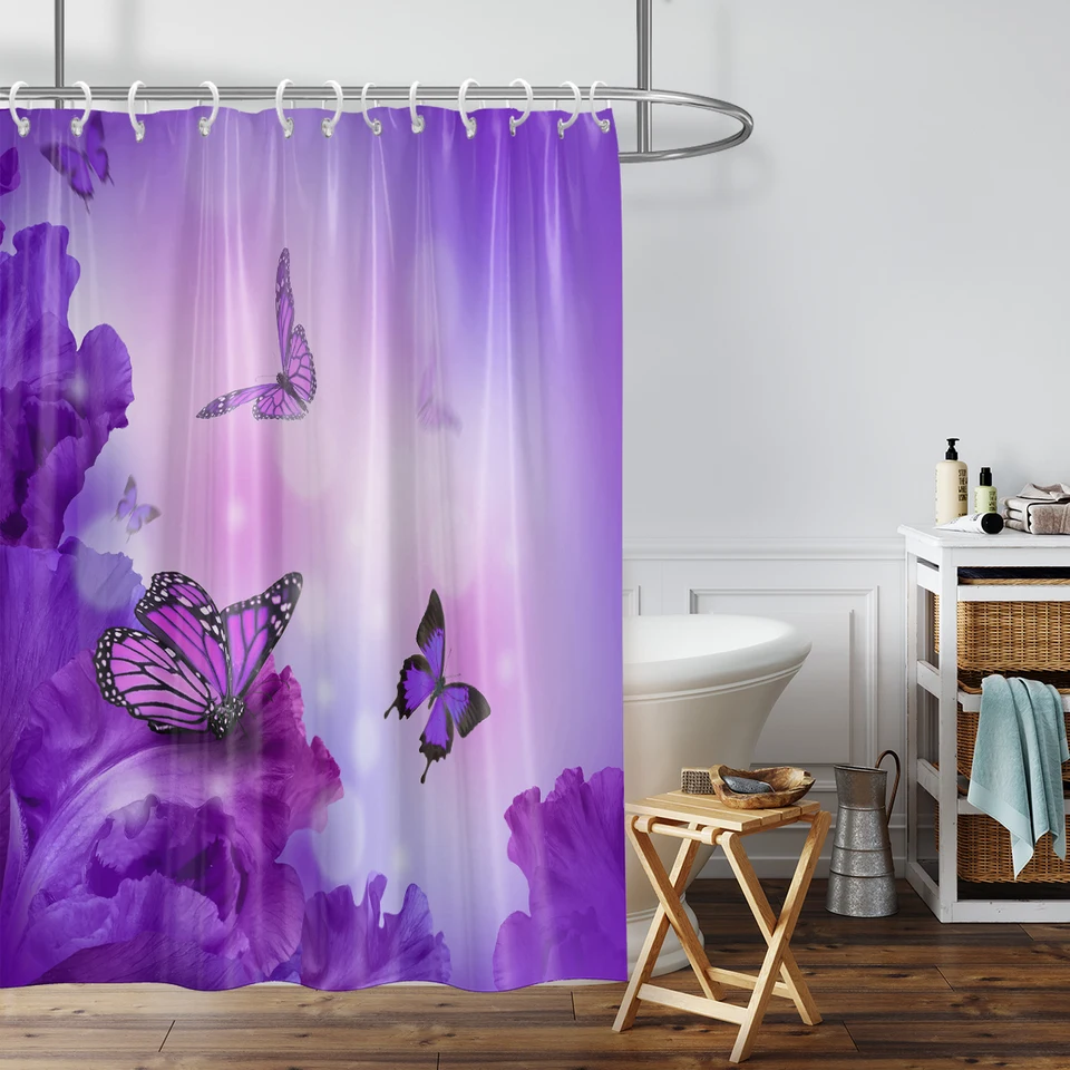 Cortina de ducha con estampado de flores de mariposa de ensueño púrpura,  Partición de baño, impermeable y resistente al moho, 180x180cm, 1 unidad -  AliExpress, image size:960x960