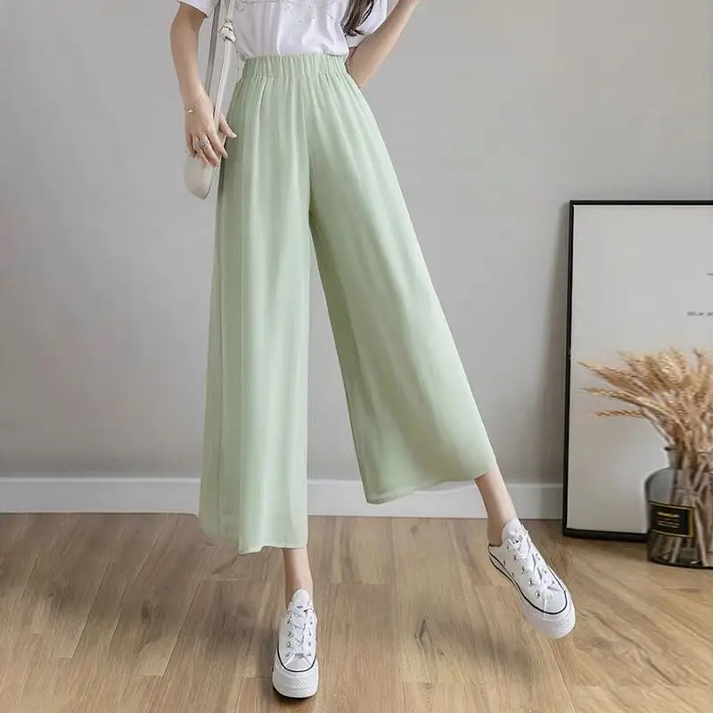 Fashion Streetwear Pleated Culotte Mujer Pants Green Black Purple Chiffon Trousers Stretch High Waist Women Loose Wide Leg Pants