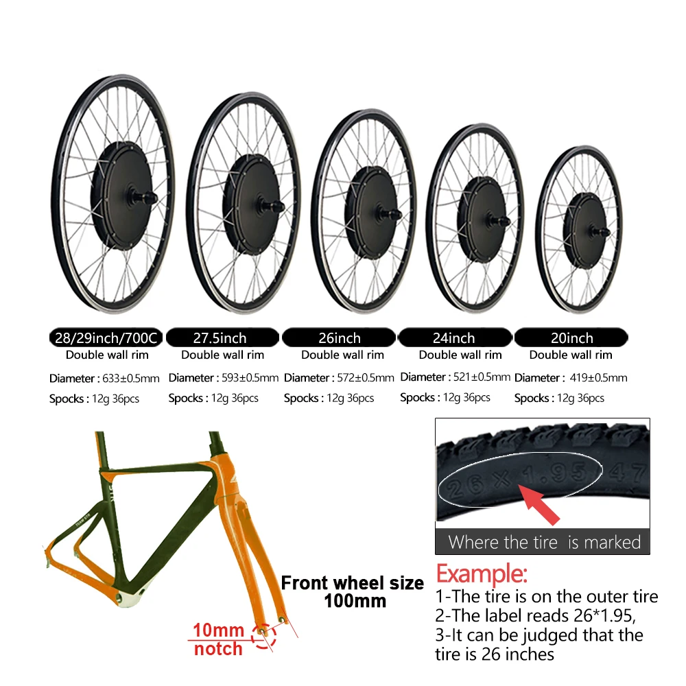 Ebike Motor Kit 48V1500W Electric Bicycle Conversion Kit Wheel Hub Motor 20&rdquo;24&rdquo;26&rdquo;27.5&rdquo;28&rdquo;29Inch700C Front Fork 100mm /Rear Dropout 135-142mm