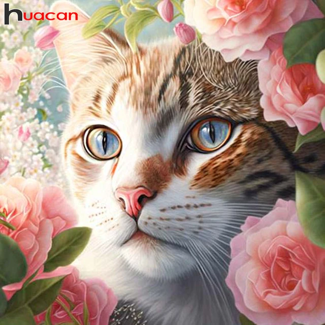 Huacan Diamond Painting Kits Cat Flower Full Square Round Mosaic