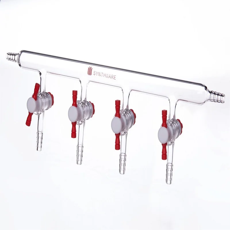 SYNTHWARE 단일 열 파이프 진공 가스 디스트리뷰터, 진공 매니폴드, PTFE 스톱코크, 붕규산염 유리, M49