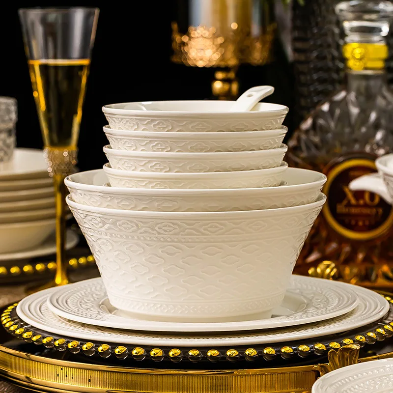 Luxury White Nordic Relief Sculpture Ceramic Tableware Dishes Salad Soup Bowl Flat Plates Serving Tray Dinnerware Set