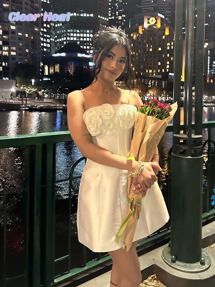 

Satin 3d Flower Backless Mini Dress For Women Fashion Sleeveless Off Shoulder Dresses 2024 Female Evening Party Club Gown Robe