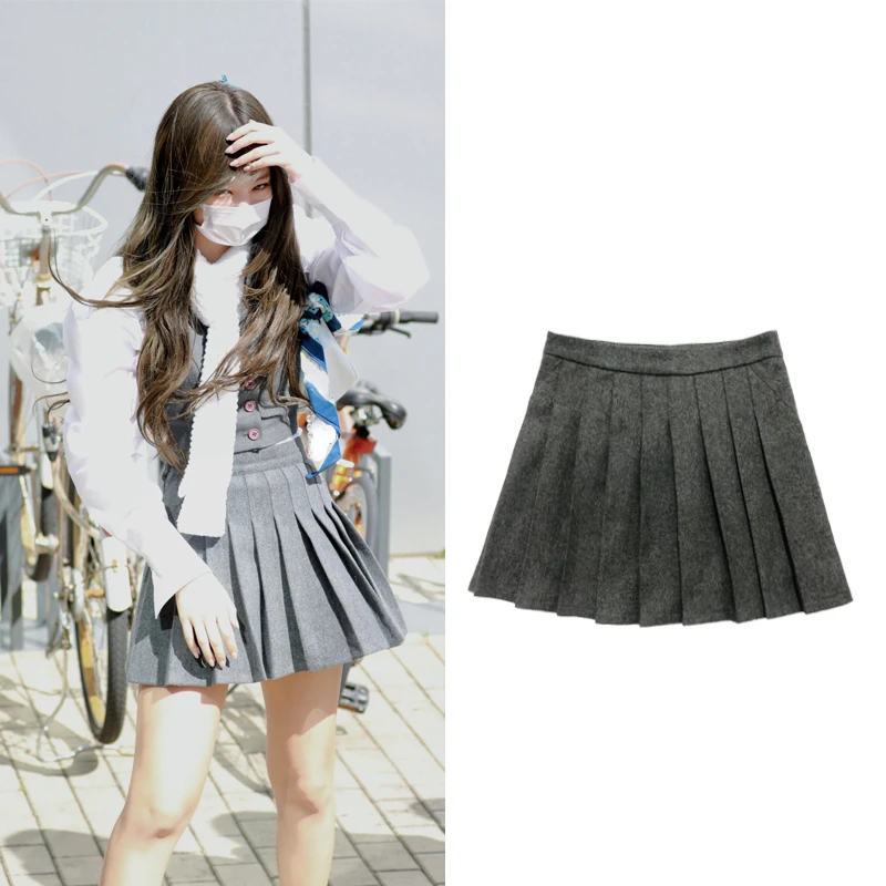 Kpop Korean Star JENNIE ROSE Autumn Winter Women Pleated Skirts Preppy Style Girls High Waist Ladies Short Woolen Mini Skirt