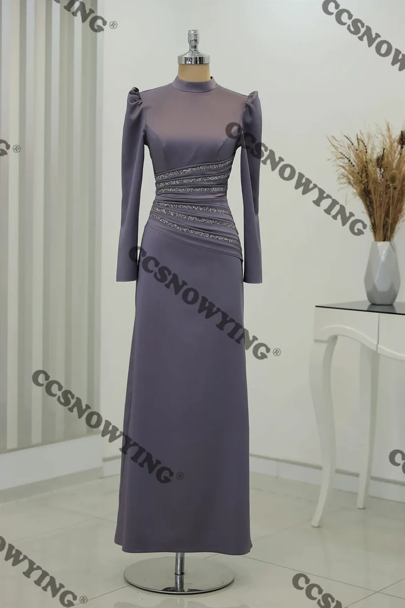 

Satin Beaded Muslim Evening Dresses Long Sleeve High Neck Islamic Hijab Formal Party Gowns Arabic Dubai Robes De Soirée