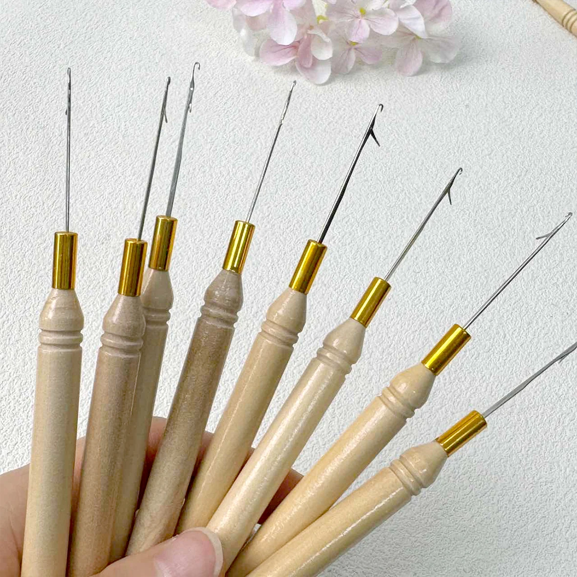 나무 손잡이 레이스 가발 제작 도구 키트 (바늘, 뜨개질 바늘, 마이크로 링, 루프 포함) 헤어 익스텐션 엮기 및 헤어 작업용