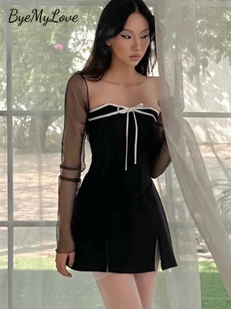 

ByeMyLove Bow Lace-up Mini Dress Women Patchwork Mesh Sleeve Elegant Sexy Slim Short Dress Square Neck Fashion Party Dress