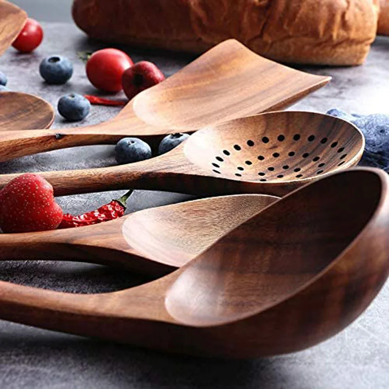 Teak Natural Wood Tableware Nonstick Special Spatula Cooking Long Handle Ladle Wooden Slotted Soup ladle Spoon Kitchen Tool