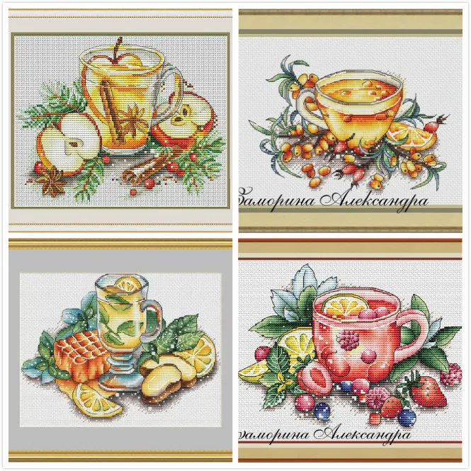 

DIY Chinese Cross-Stitch Kits, Embroidery Needlework Sets, Fruit Tea 2, 16CT, 14CT, 18CT