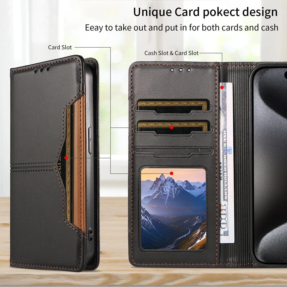 Magnetic Leather Wallet Case with Card Slot