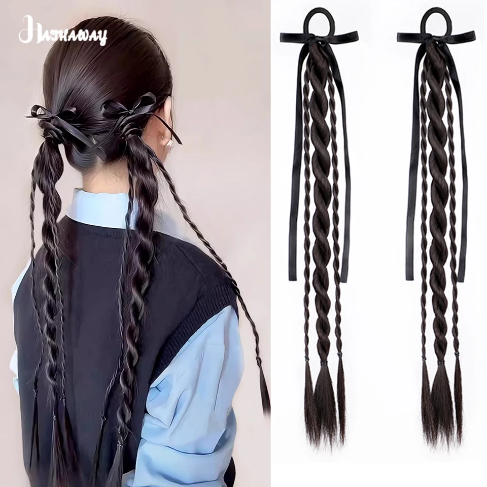 18 Inch Bow Twist Ponytail Wig Braid Synthetic College Wind Ribbon Twist Braid Natural Fluffy Double Ponytail Wig Daily Wear