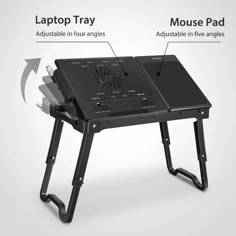 Foldable Laptop Table Bed Notebook Desk with Cooling Fan Mouse Board LED light 4 xUSB Ports Breakfast Snacking Tray 4