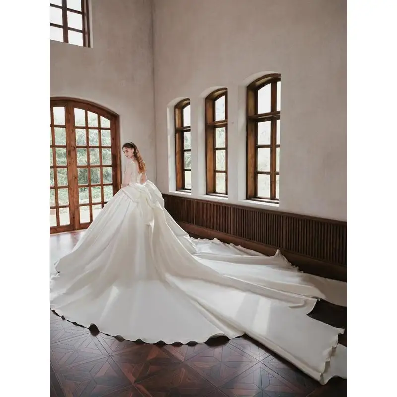 Satin Main Wedding Dress Bride Embroidery One Shoulder And Half Sleeves Outdoor Yarn Retro Heavy Industry Tail Customized