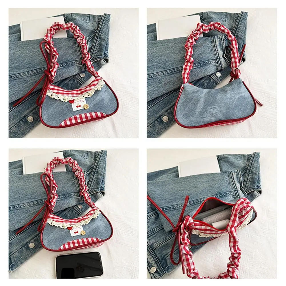 Borsa Hobo in Denim con Decorazioni in Pizzo a Quadretti, Borsa a Tracolla con Fiocco e Cuore, Borsetta Crossbody per Ragazze Stile Y2K - immagine 6