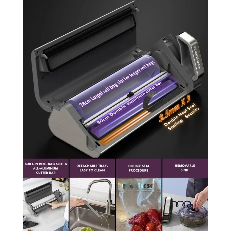 Mesliese Vacuum Sealer Machine,95kPa 140W One Hand Operation Food Sealer,Double Seal Strip w Build-in Cutter & Countdown Display 6