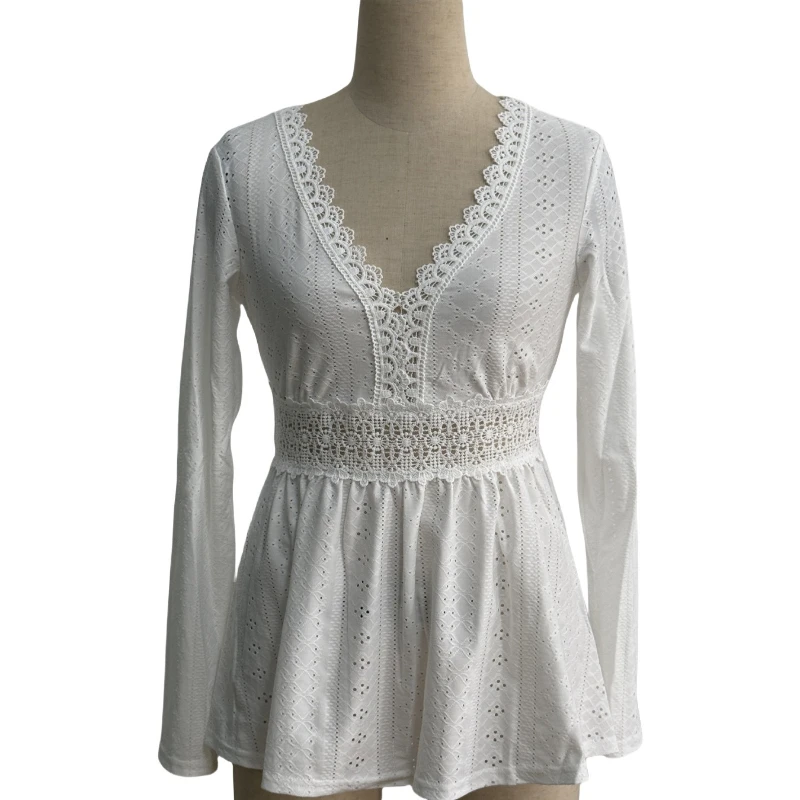 New Spring and Autumn 2026 Fashion Women's V-Neck Lace Shirt Elegant Embroidery Fashion White Long Sleeve T-Shirt Slim Blouse