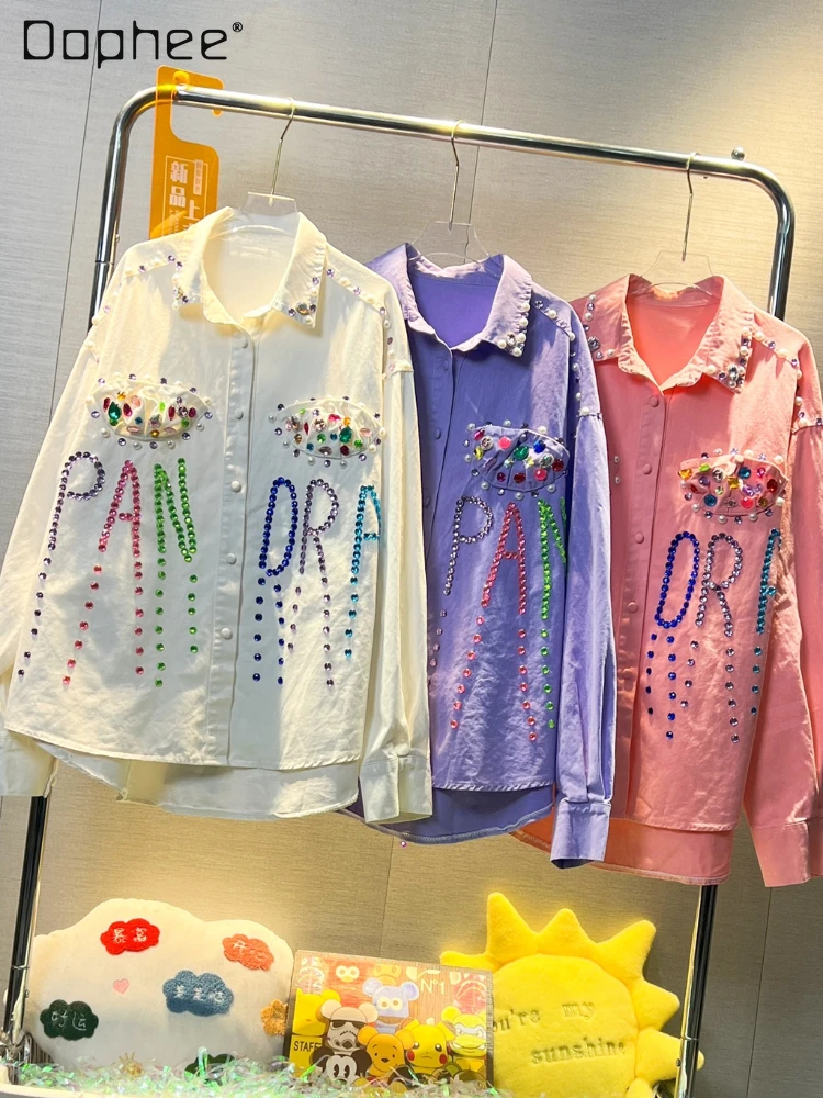 

Streewear Women's Colorful Rhinestone Letter Denim Coat 2023 Autumn New Fashion Loose Long Sleeve Mid-Length Denim Shirt Ladies