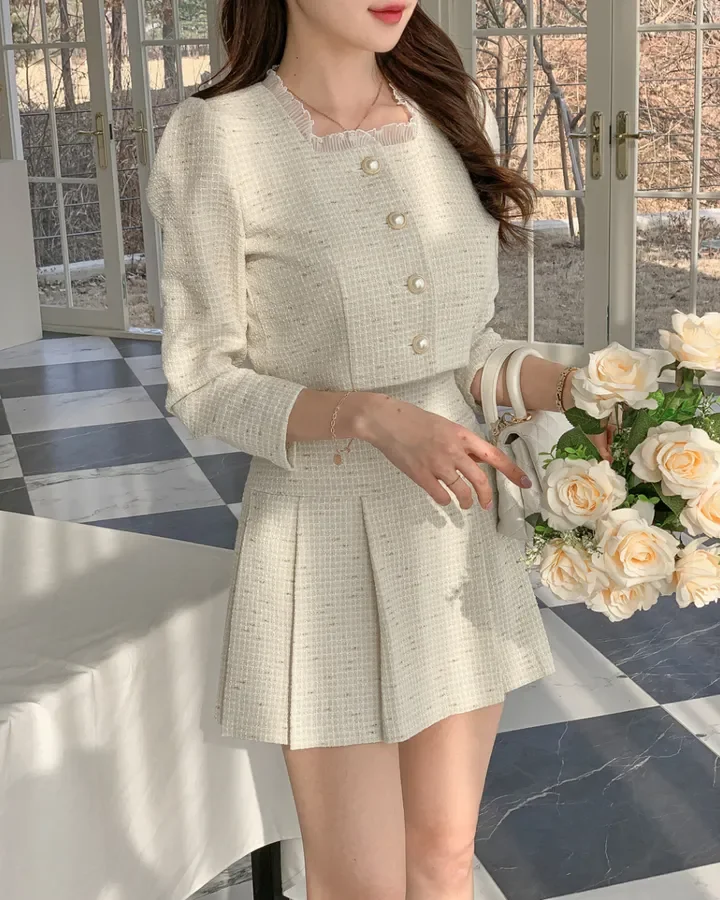 Korean Fashion Elegant Tweed Short Jacket Cropped Coats + High Waist Mini Skirts Suits Autumn New Slim Women Two-Piece Sets