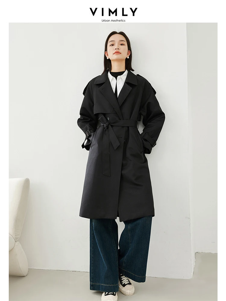 

Vimly Women's Black Trench Coat 2023 Autumn Female New in Outerwears Straight Double Breasted Casual Windproof Long Jacket 16173