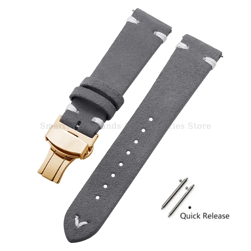 Vintage Handmade Suede Stitch Leather Watch Strap with Quick Release and Folding Clasp