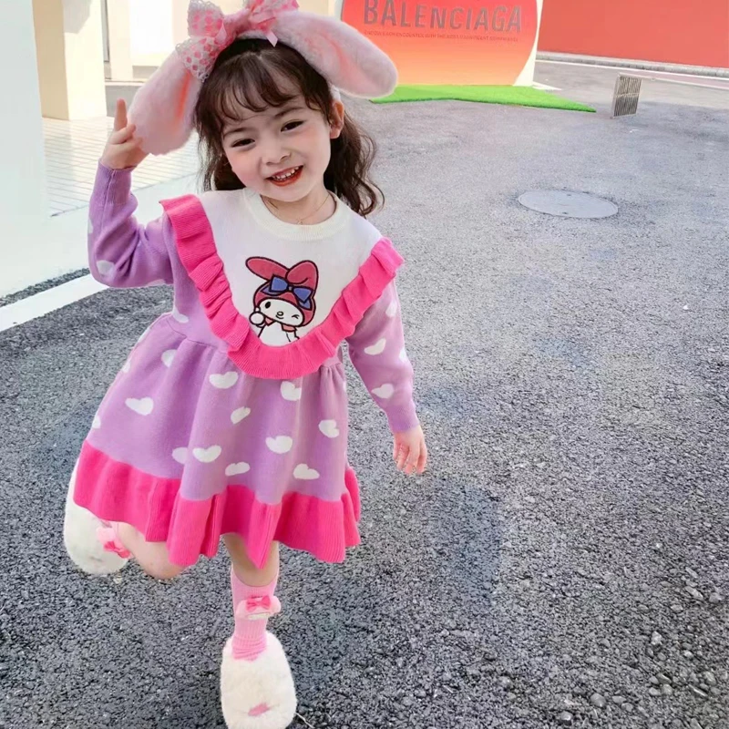 

Kawaii Anime Cartoon Sanrio My Melody Autumn and Winter Girls Knitted Dress Fashion Baby Doll Dress Sweet Princess Dress