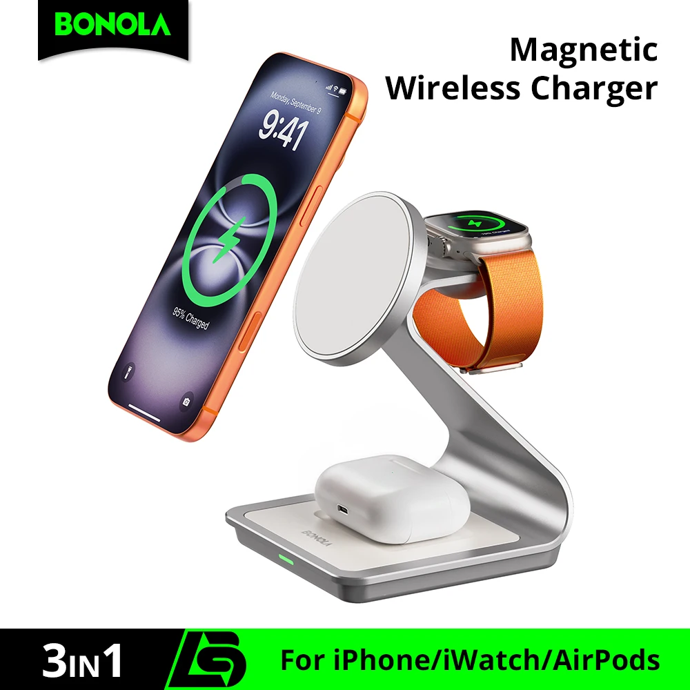 Bonola Magnetic 3-in-1 Wireless Charging Station with 30W Power Output