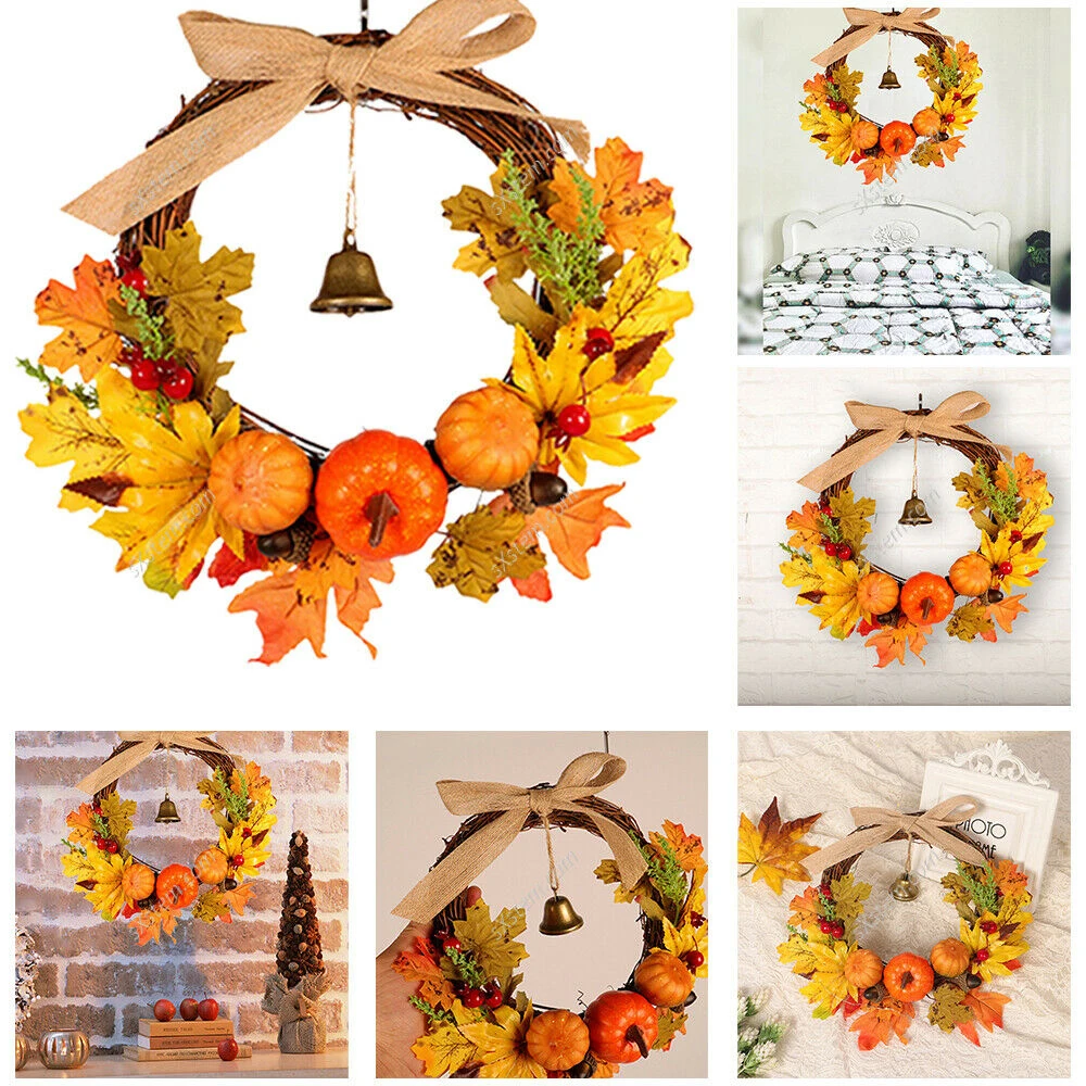 45cm Herbst Tür Kranz Weihnachten Halloween Dekor Kürbis Beere Tannenzapfen Ahorn künstlichen Kranz Stoff Rattan Material nach Hause – Detail 11
