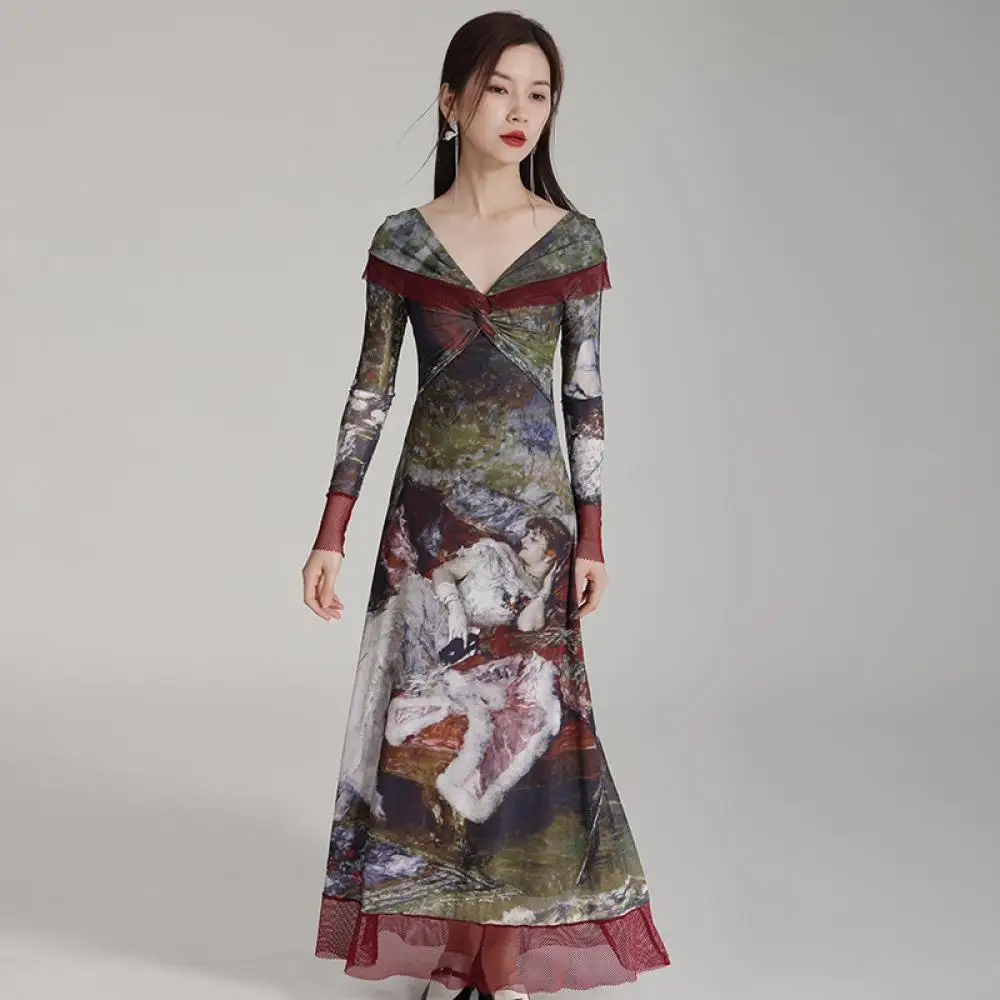 

Женское платье с открытым плечом, длинное облегающее платье в стиле ретро с принтом, темная готика, картина маслом, с большим откидным воротником, 2024