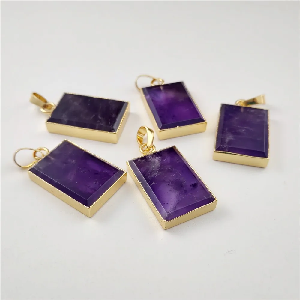 

FUWO Carved Rectangle Amethysts Pendant,Gold Color Plated Purple Crystal Accessories For Jewelry Making PD432 5Pieces/Lot