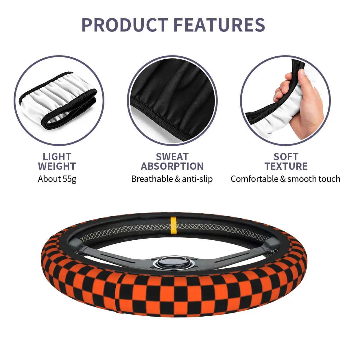 Black And Orange Checkerboard Pattern Steering Wheel Covers Plaid Soft Steering Wheel Protector for Sedan Car Accessories